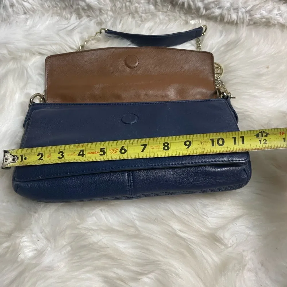 DKNY Melissa leather Navy Blue satchel with silver tone chain strap.